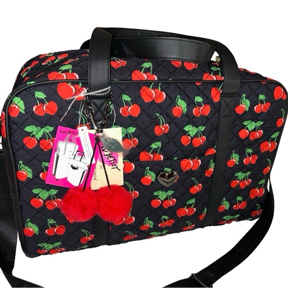 BETSEY JOHNSON BLACK RED CHERRIES OVERNIGHTER WEEKENDER & CHERRY PURSE CHARM NWT - Picture 2 of 12